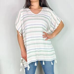 Surf Gypsy White Pastel Striped Swim Cover Up with Tassels